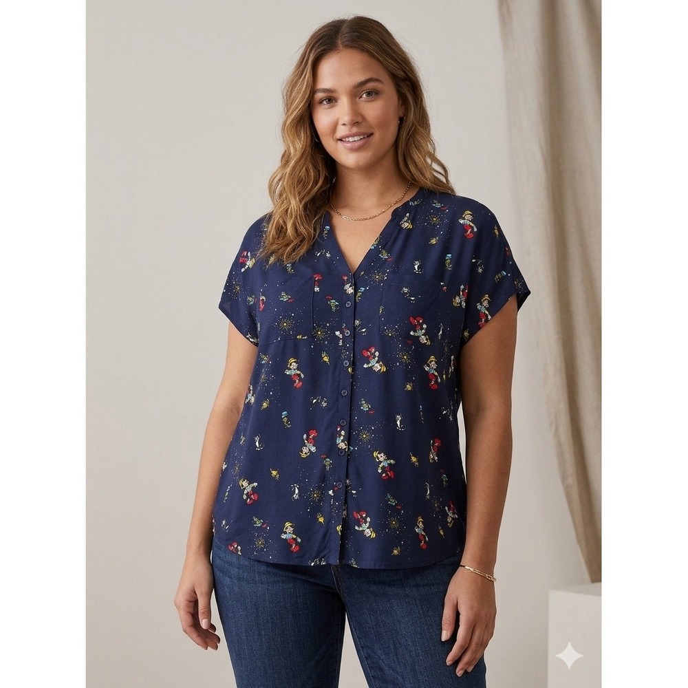 Disney Pinocchio Navy Blue Button Down Blouse Rayon Top Womens 2X Plus Size